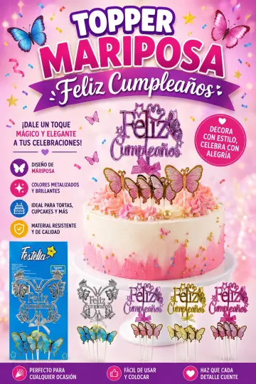 TOPPER FELIZ CUMPLEAÑOS CON MARIPOSAS RF:13279