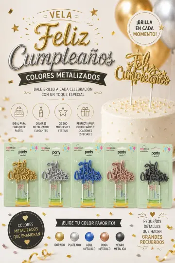 VELA FELIZ CUMPLEAÑOS METALIZADA RF:VE-004
