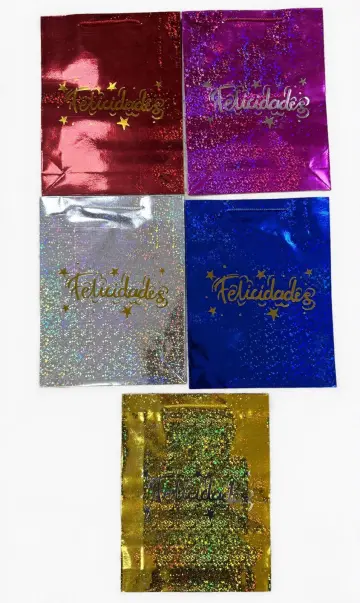 BOLSA DE REGALO HOLOGRAFICA FELICIDADES MEDIANA 26X32 CM RF- PARTY ON 1282